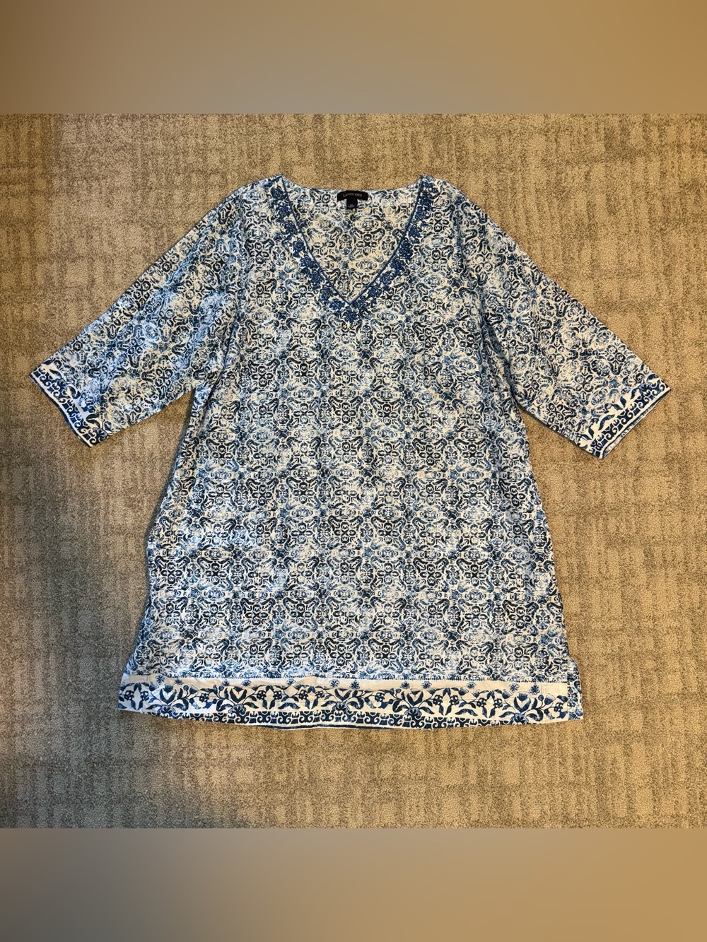 Lands' End Blue and White Printed V-Neck Tunic Size 1x